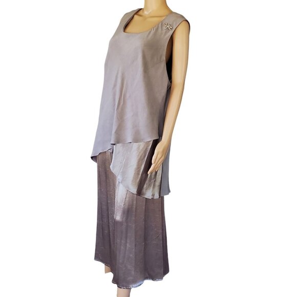 VTG Wayne Diamond 2 Pc Skirt Set Women's 22 Gray Tank Blouse Satin Dragonfly Pin - Picture 1 of 12